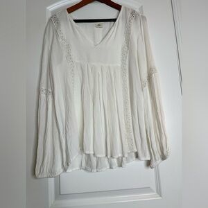 White Boho Peasant Cottagecore Top | Long Sleeve Woven Blouse Size M